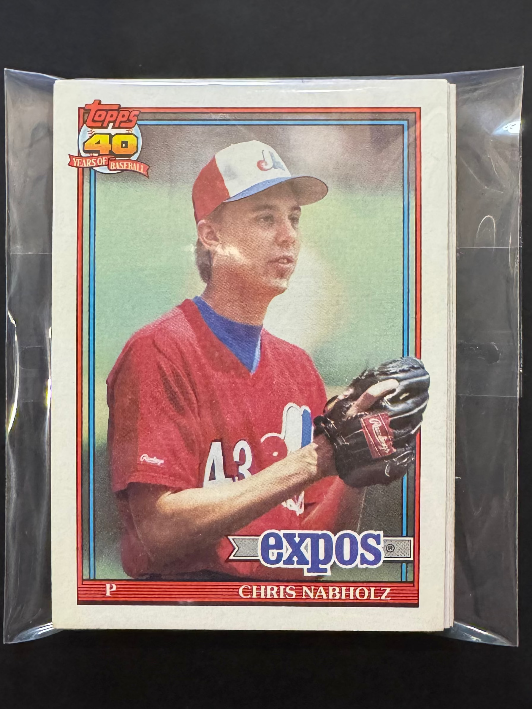 Baseball trading card of Chris Nabholz from the Montreal Expos on a black background